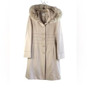 Albert Nipon Beige/Cream Hooded Trench Lambswool Coat with Fox fur  vintage ,